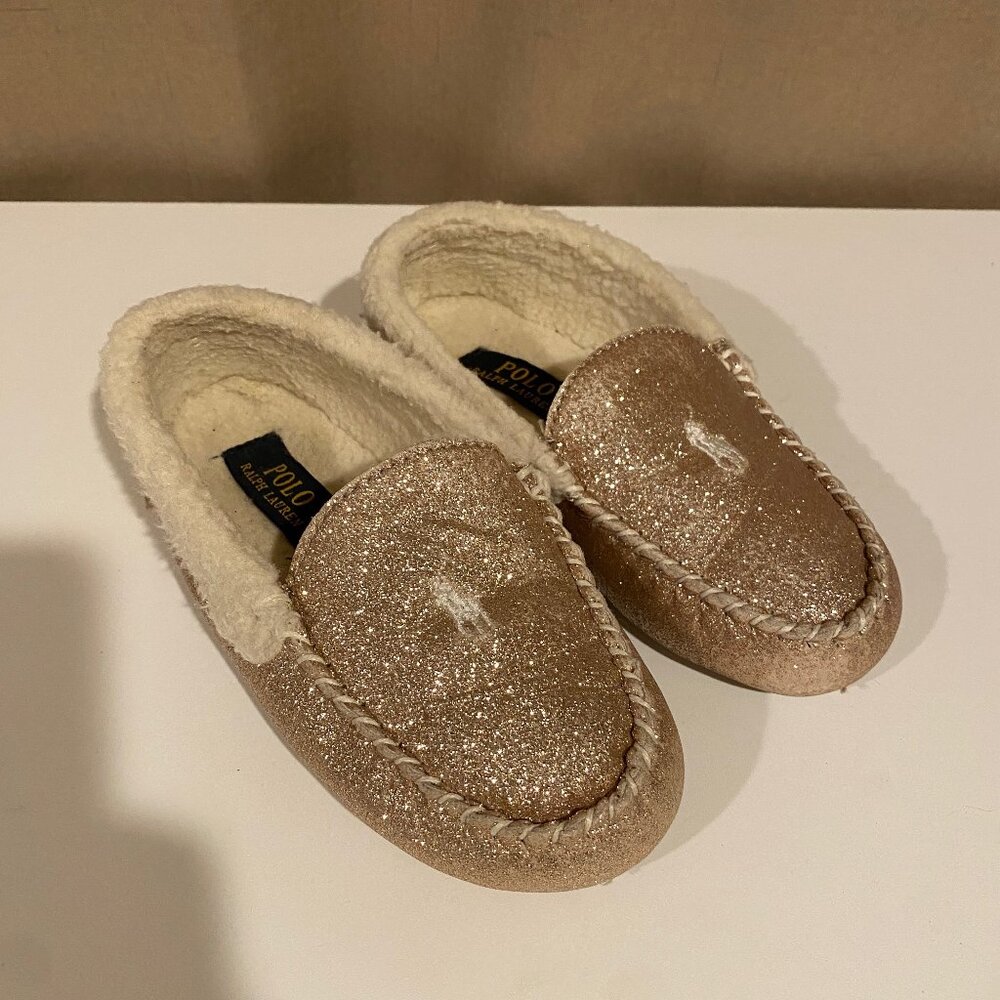 Polo Ralph Lauren Kids Gold Glitter Slippers Pony Logo Size 2 Fuzzy Lined